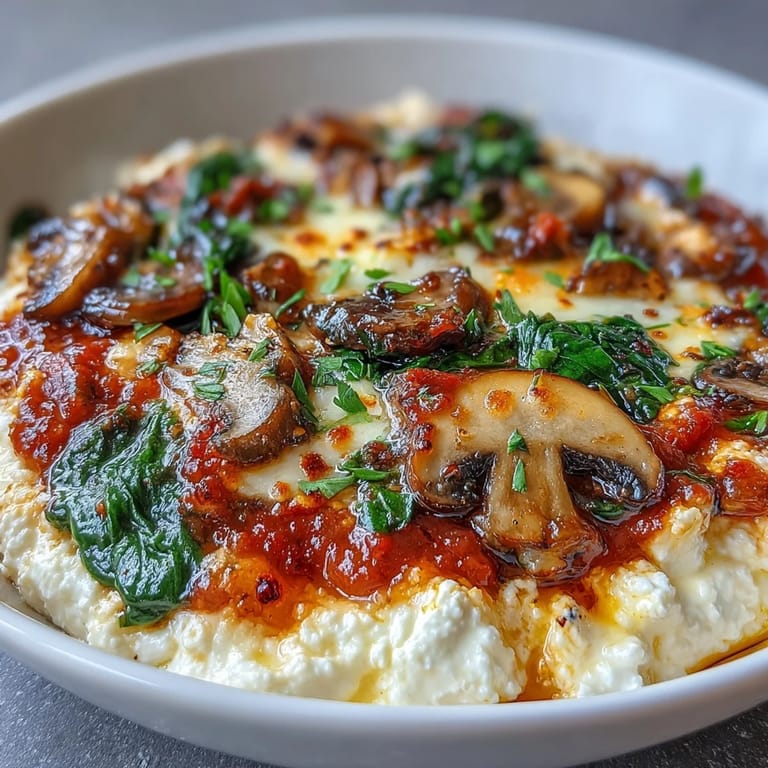A delicious vegetarian Cottage Cheese Pizza Bowl, with saucy marinara, colorful peppers, and golden baked cheese, ready to serve with fresh basil garnish.