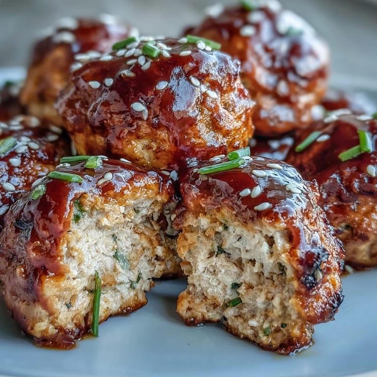 A close-up of tender turkey meatballs drizzled with a glossy sriracha honey glaze, garnished with green onions and sesame seeds.