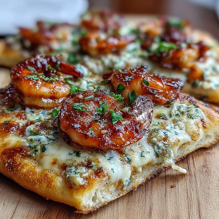 Sliced on a wooden board, this Garlic Butter Shrimp Naan Pizza showcases succulent shrimp and fresh parsley garnish.
