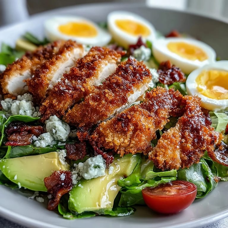 This glazed Parmesan Crusted Chicken Cobb Salad combines juicy sliced chicken with creamy avocado and a tangy dressing.