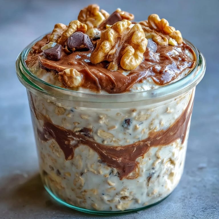 A close-up view of Chunky Monkey overnight oats in a clear jar, topped with sliced bananas, chopped walnuts, and a chocolate drizzle.