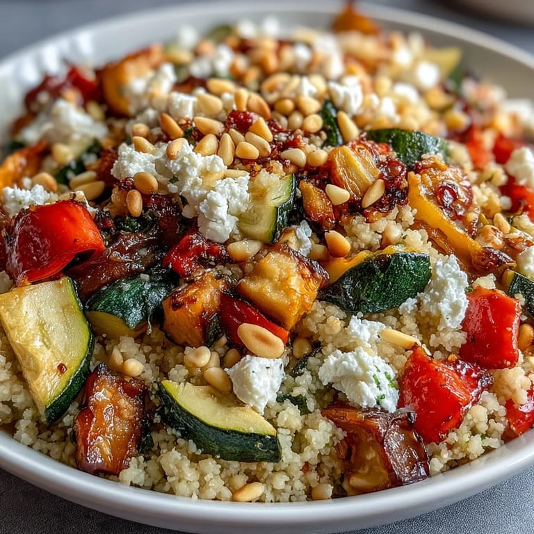 Freshly baked Roasted Veggie & Feta Couscous with golden cheese topping, pine nuts, and a squeeze of lemon.
