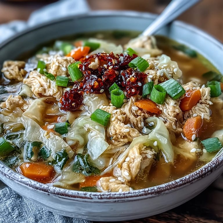 Spicy Egg Roll Soup topped with chili crisp, sesame seeds, and fresh green onions for garnish.