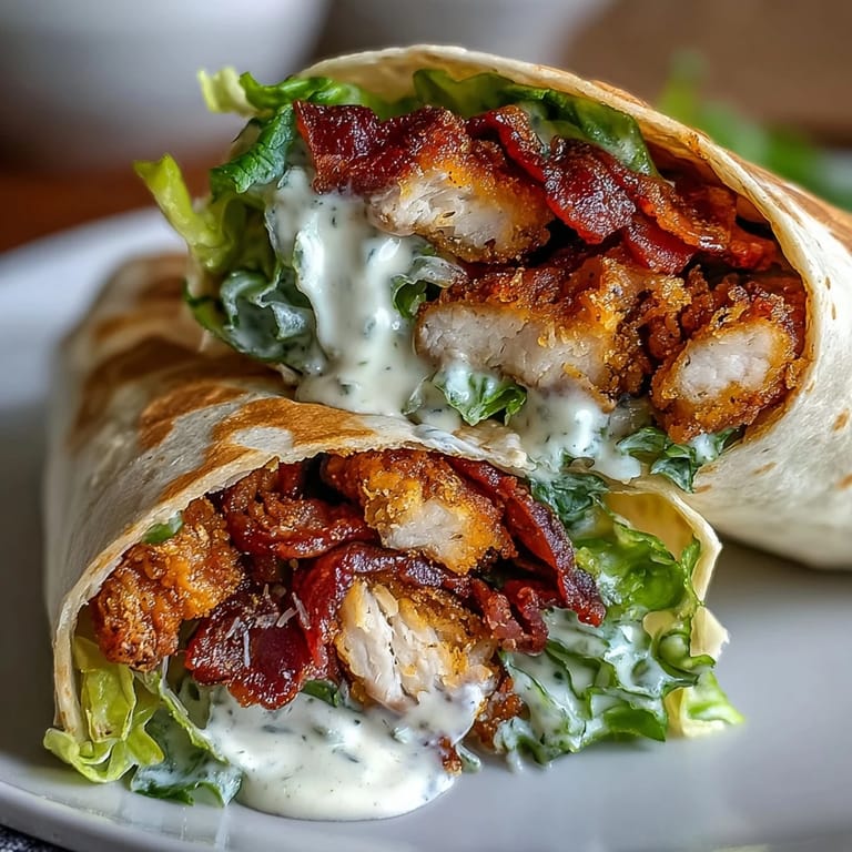 Freshly assembled Crispy Chicken Bacon Caesar Wraps cut in half, revealing juicy chicken, crunchy bacon, and dressed romaine lettuce inside.