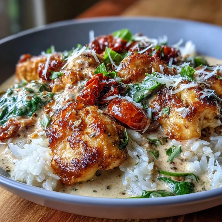 Steam rises from this hearty Tuscan chicken skillet, showcasing fluffy rice and a rich garlic cream sauce.