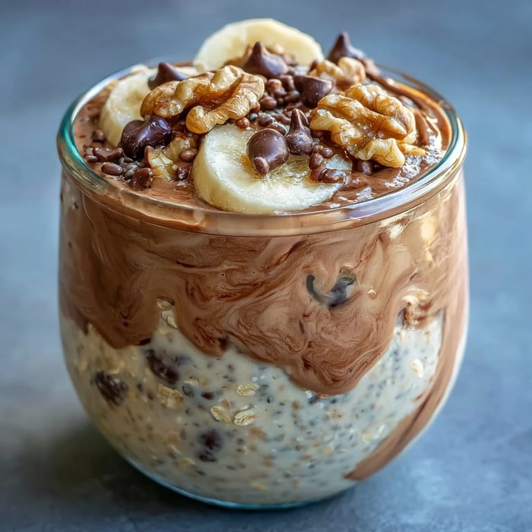 A spoon digs into rich chocolate Chunky Monkey Protein Overnight Oats with chocolate chips and banana, served chilled for breakfast.