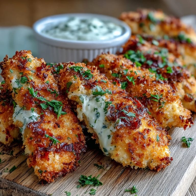 Juicy Crispy Panko Ranch Chicken Tenders with a crunchy panko coating and fresh parsley garnish.