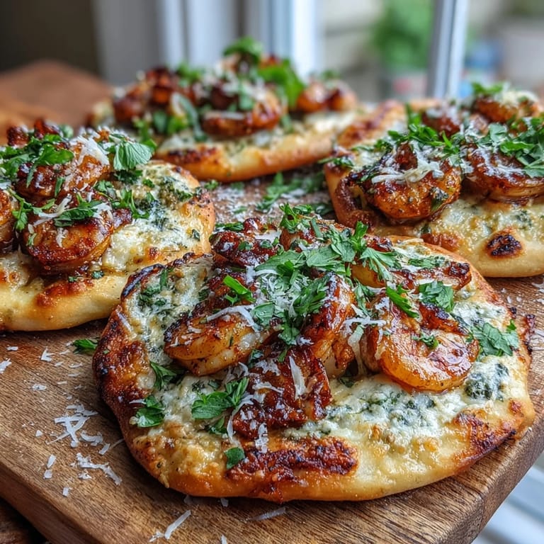 Four bubbling Garlic Butter Shrimp Naan Pizzas fresh from the broiler, with melted cheese and golden naan edges. 