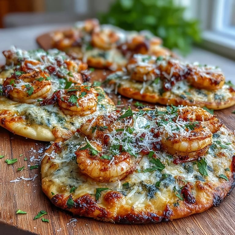 Close-up on a Garlic Butter Shrimp Naan Pizza slice, showcasing succulent shrimp and melted mozzarella on garlic naan.