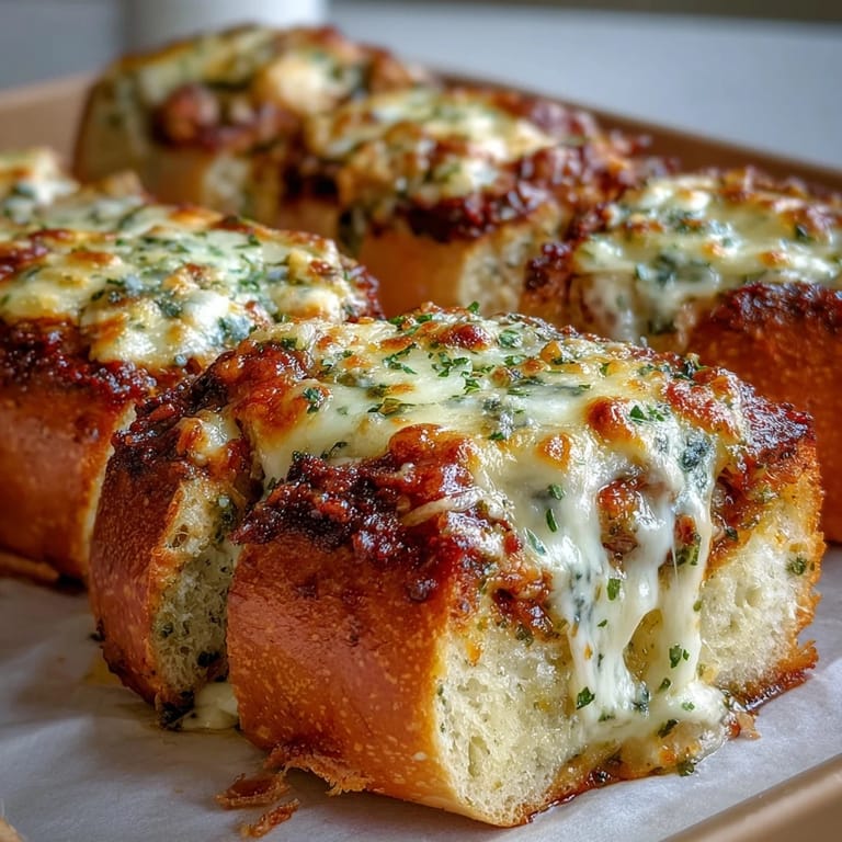 Close-up cross-section of Pesto Chicken Garlic Bread Boats revealing creamy pesto chicken filling and gooey mozzarella inside crispy crust.