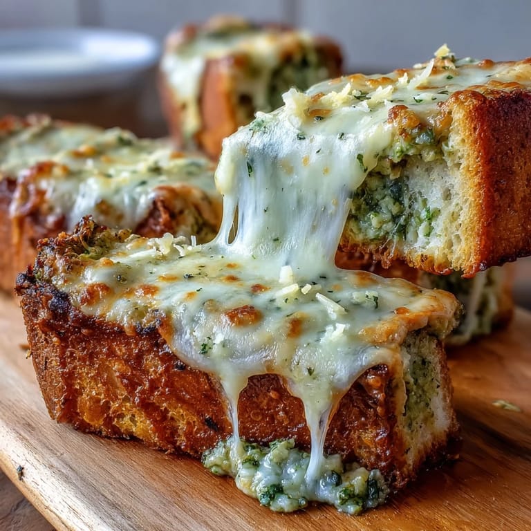 Serving suggestion for Pesto Chicken Garlic Bread Boats, sliced into shareable portions on a wooden board with fresh basil garnish.