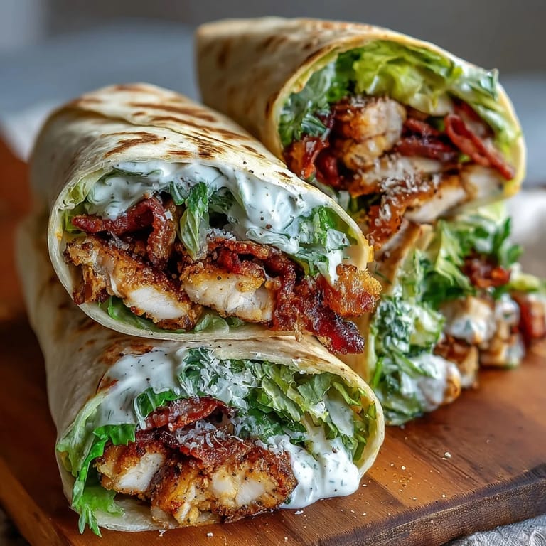 Four golden-brown Crispy Chicken Bacon Caesar Wraps stacked on a wooden board, with lemon wedges and Parmesan.