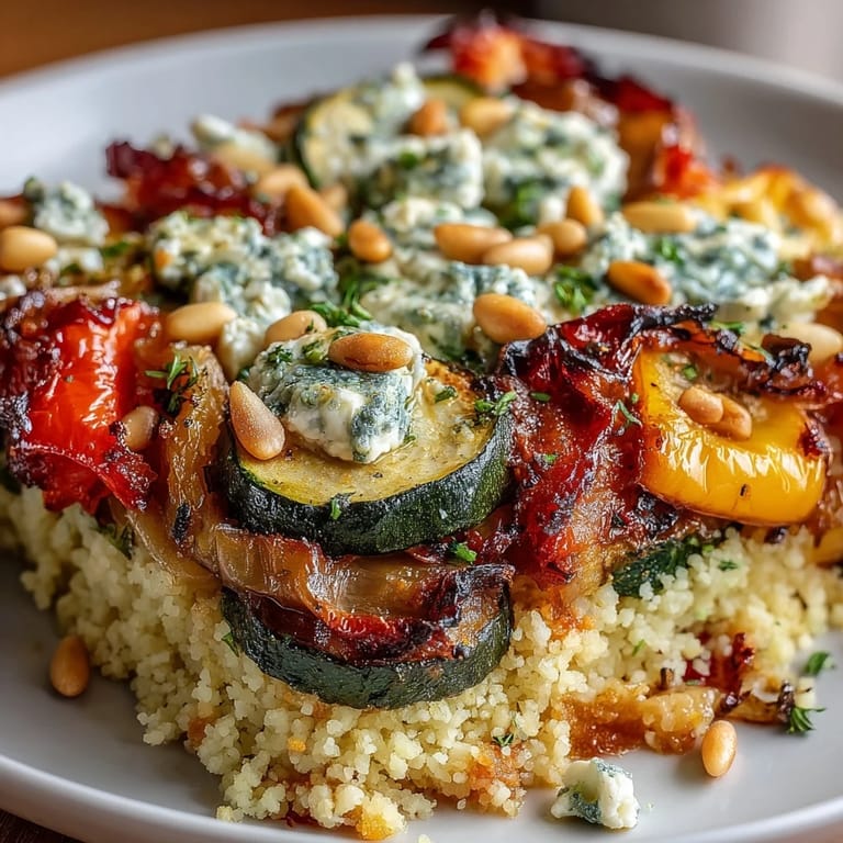 A close-up of the finished Roasted Veggie & Feta Couscous Bake, highlighting golden edges, tender vegetables, and creamy feta perfect for a vegetarian dinner.