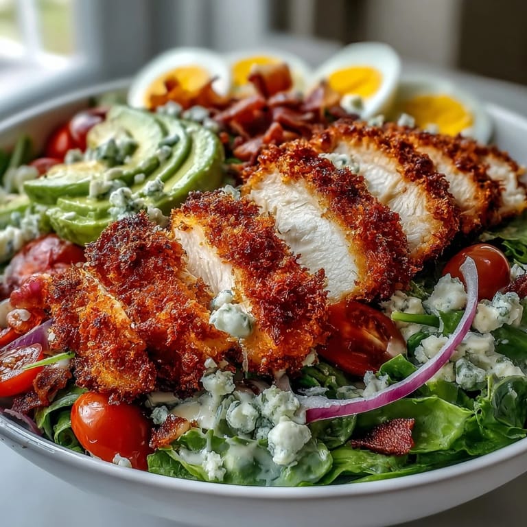A close-up shows crispy Parmesan Crusted Chicken atop a Cobb salad, drizzled with tangy red wine vinaigrette.