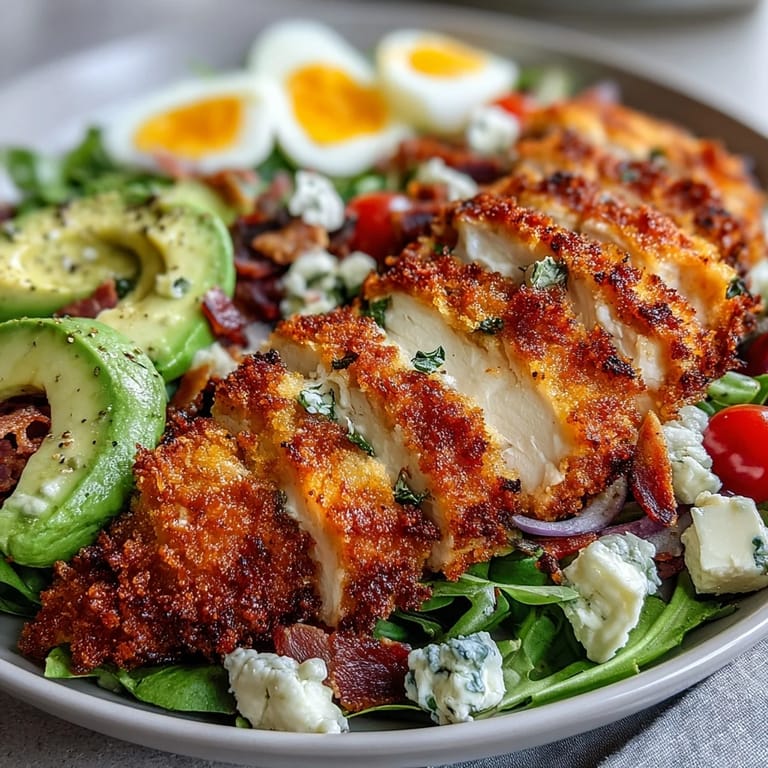 Hearty Parmesan Crusted Chicken Cobb Salad features juicy thighs, hard-boiled eggs, blue cheese, and colorful vegetables on a platter.