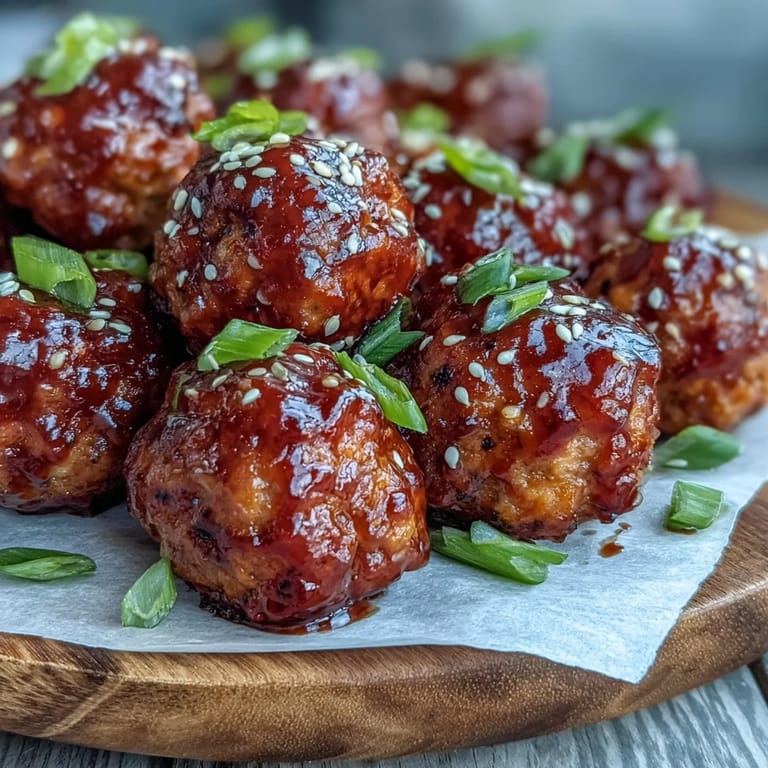 Glazed Spicy Chili Honey Turkey Meatballs arranged on a platter for an appetizer, topped with sesame seeds.