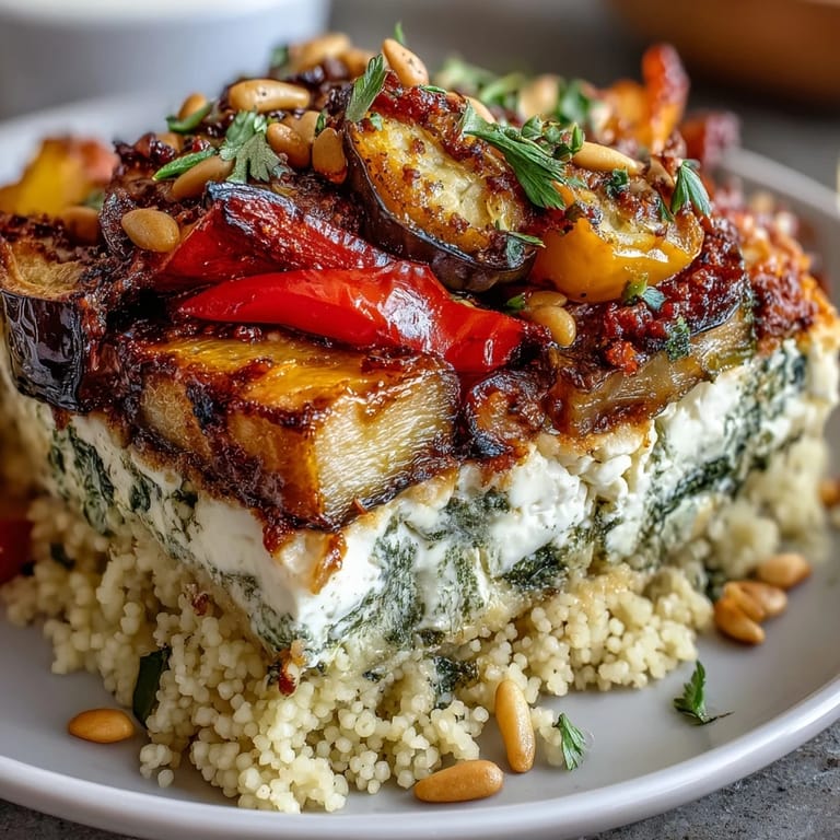 A close-up of the finished Roasted Veggie & Feta Couscous Bake, highlighting golden edges, tender vegetables, and creamy feta perfect for a vegetarian dinner.
