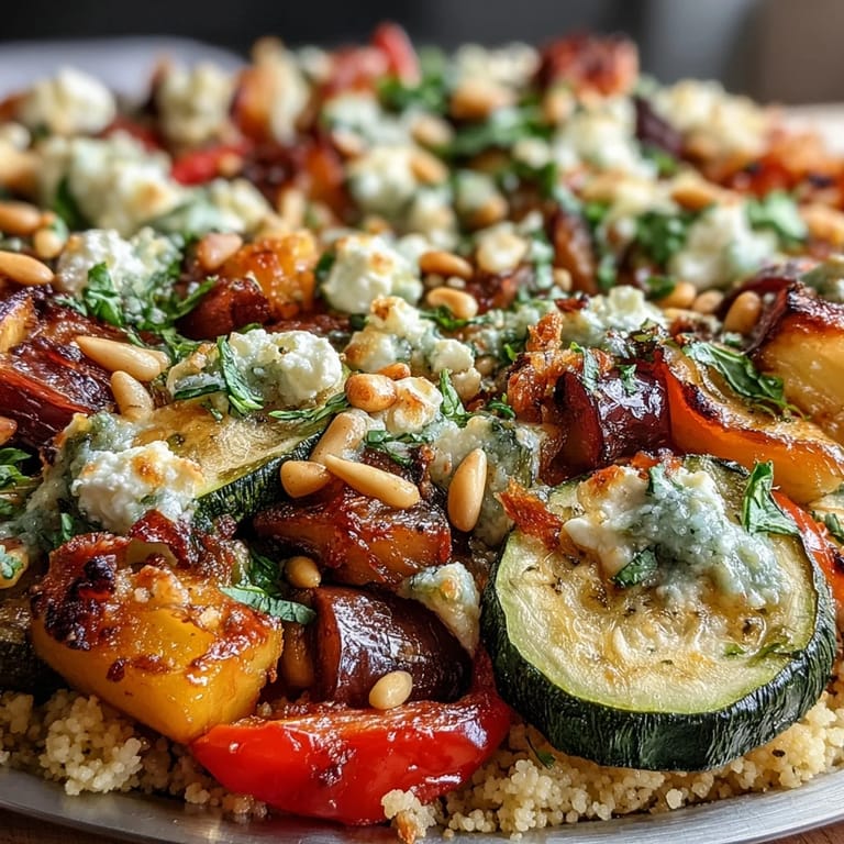 Freshly baked Roasted Veggie & Feta Couscous Bake served warm from the oven, garnished with pine nuts and a hint of chili flakes.