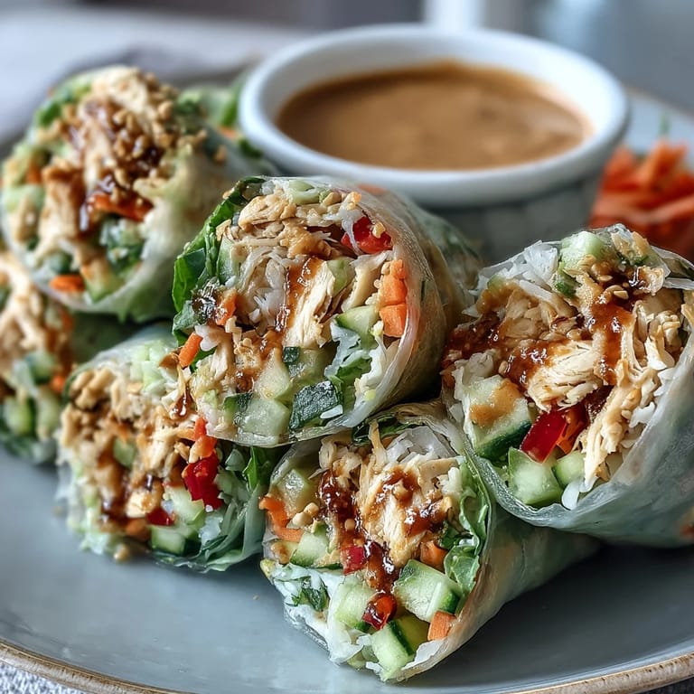 A close-up view of fresh spring rolls on a plate, highlighting the vibrant colors of the vegetables through the translucent rice paper.