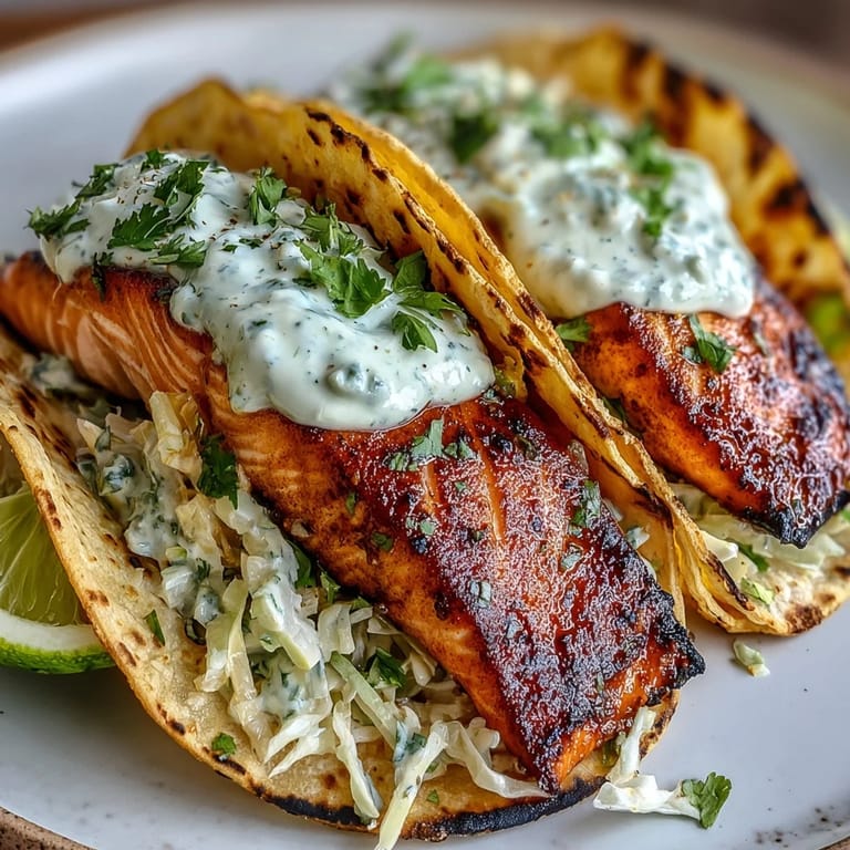 Flaky, spiced salmon fillets paired with crunchy slaw for fresh, flavorful air fryer tacos.  