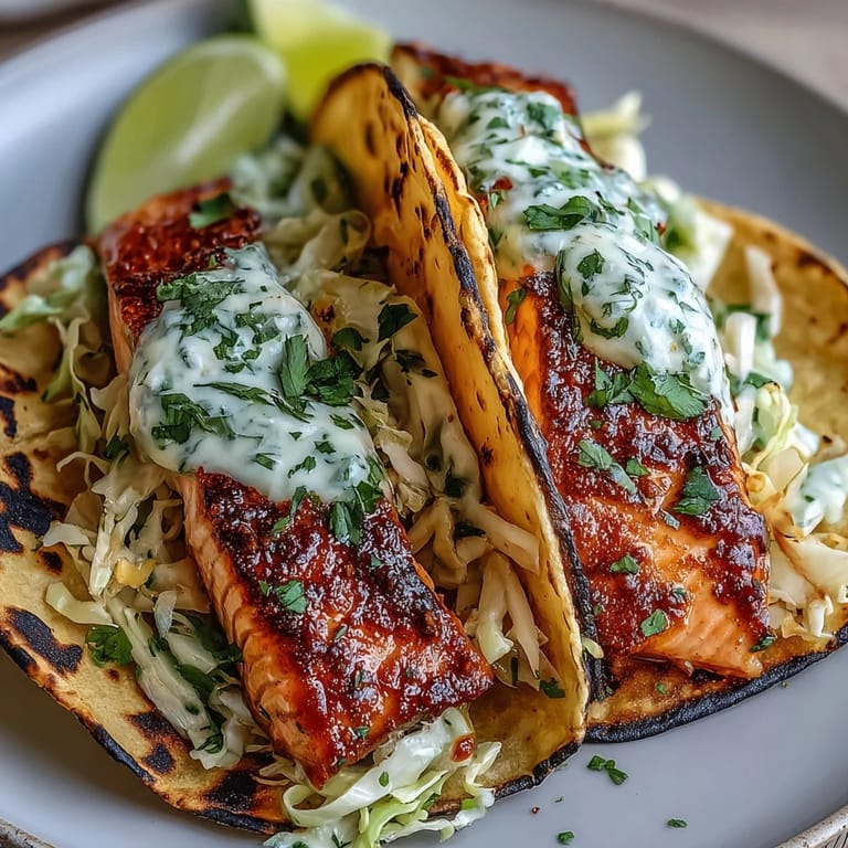 Golden air-fried salmon served in soft tortillas with creamy, zesty cabbage slaw.