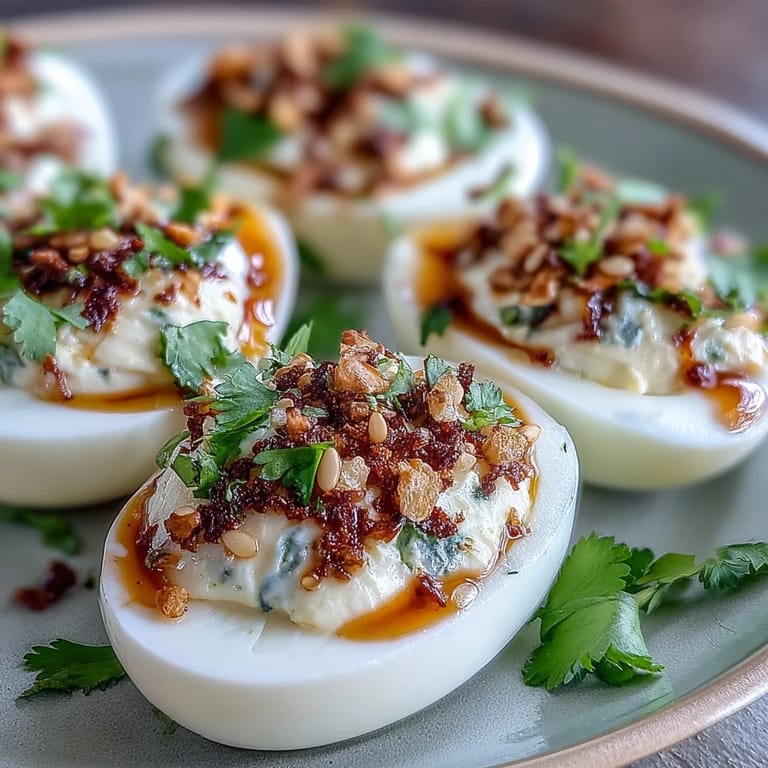 A platter of Spicy Chili Garlic Deviled Eggs garnished with fresh cilantro, perfect for parties and flavor-packed snacking.