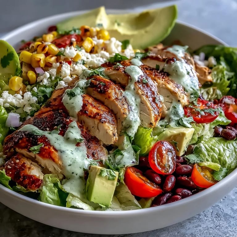 Colorful Southwest chicken salad featuring tender grilled chicken, fresh veggies, black beans, and creamy avocado topped with a tangy Greek yogurt dressing.