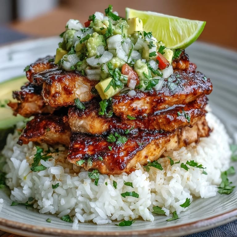 Tangy honey lime chicken and creamy avocado atop fragrant rice, garnished with cilantro and lime wedges.  