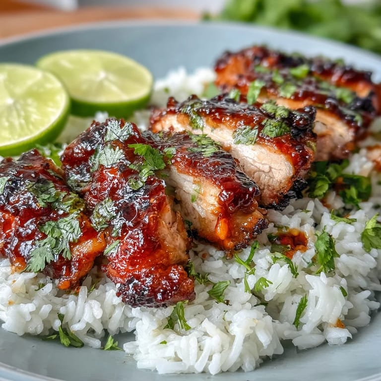 Vibrant plate of sriracha maple-glazed chicken over aromatic coconut rice, garnished with chopped cilantro and zesty lime.