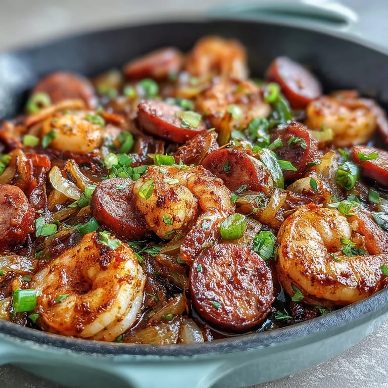 Juicy shrimp and smoky sausage tossed with crisp bell peppers in a zesty Cajun spice blend, served hot from the skillet.