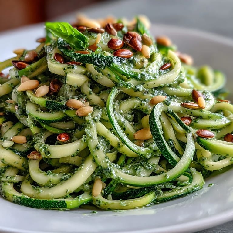 Light and refreshing spiralized zucchini noodles coated in rich dairy-free pumpkin seed pesto, offering a satisfying plant-based dinner option.