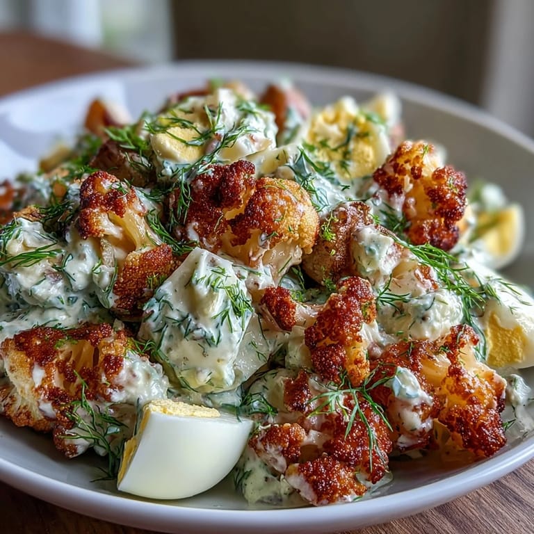 Low-carb cauliflower salad featuring hard-boiled eggs, tangy pickles, and smoky paprika dressing, perfect for summer keto gatherings.  
