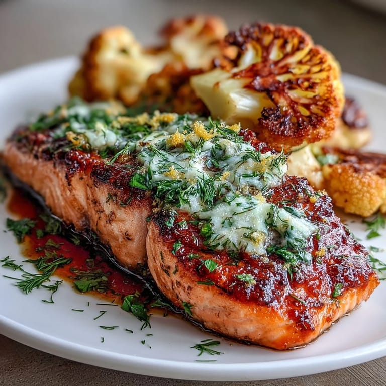 Succulent salmon with zesty herb butter rests beside crispy roasted cauliflower florets in this easy keto recipe.