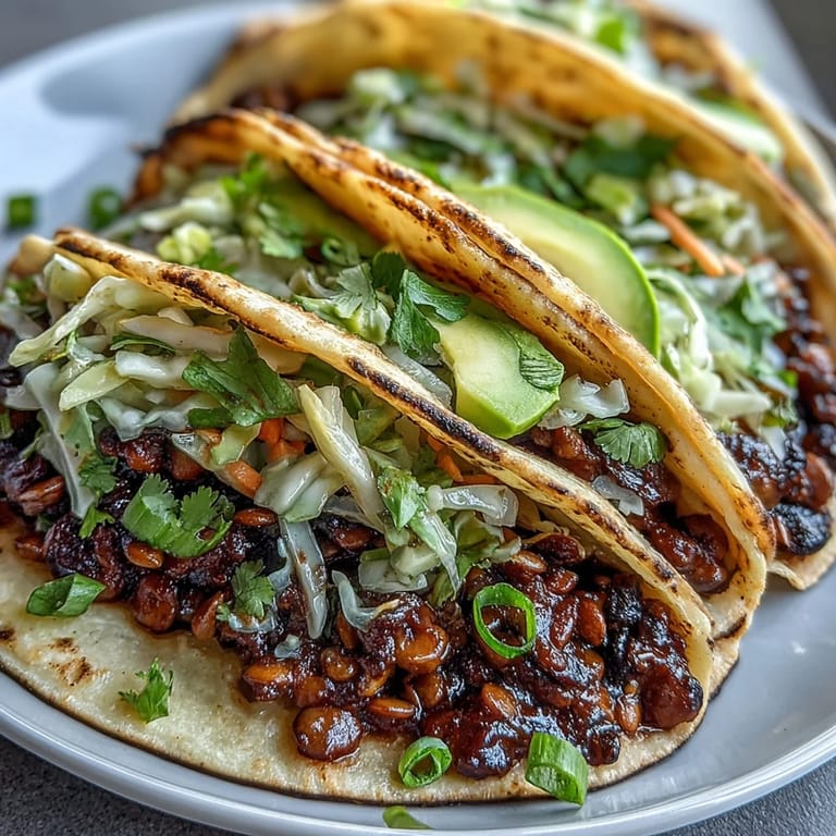 Smoky BBQ lentils spooned into warm corn tortillas, garnished with crunchy cabbage slaw and a squeeze of lime for fresh flavor.
