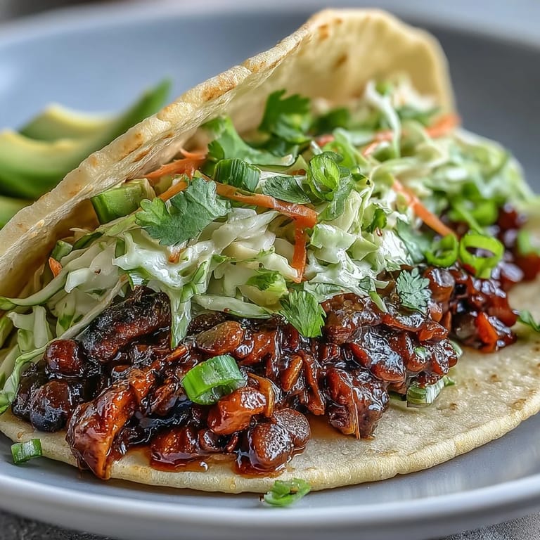 Plant-based BBQ lentil tacos layered with crisp cabbage slaw, avocado slices, and a sprinkle of green onions on a white plate.