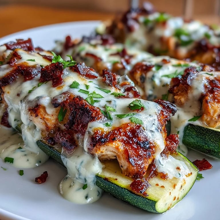 Low-carb zucchini boats stuffed with tender chicken in rich garlic cream sauce, topped with bubbling cheese.  