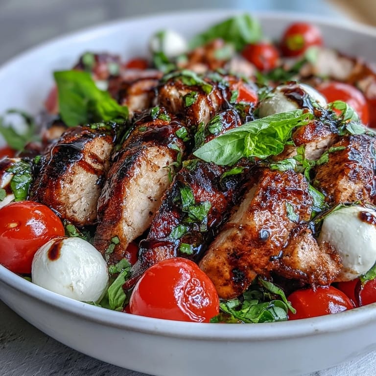 Freshly grilled chicken breast slices atop arugula and cherry tomatoes, garnished with mozzarella and basil, finished with balsamic glaze.