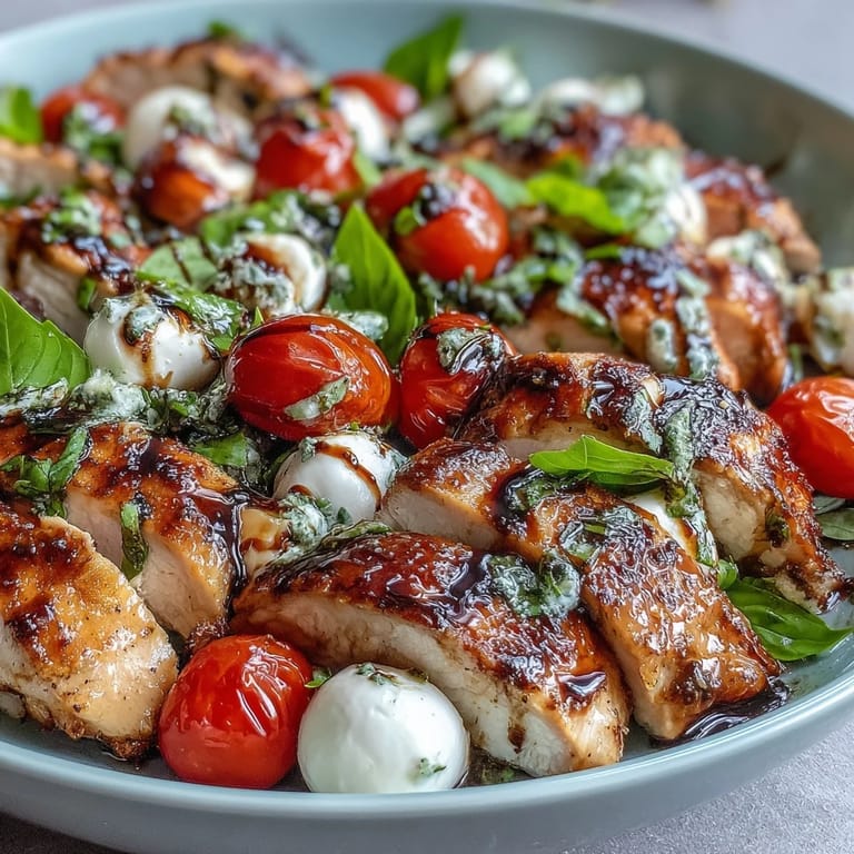 Hearty grilled chicken Caprese bowls served over quinoa, featuring ripe tomatoes, creamy mozzarella, and aromatic basil with balsamic drizzle.
