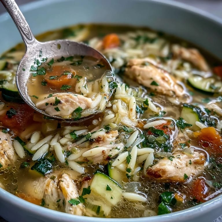 Hearty lemon chicken and zucchini orzo soup with savory chicken, al dente orzo, and fresh lemon zest, served hot and garnished with parsley.