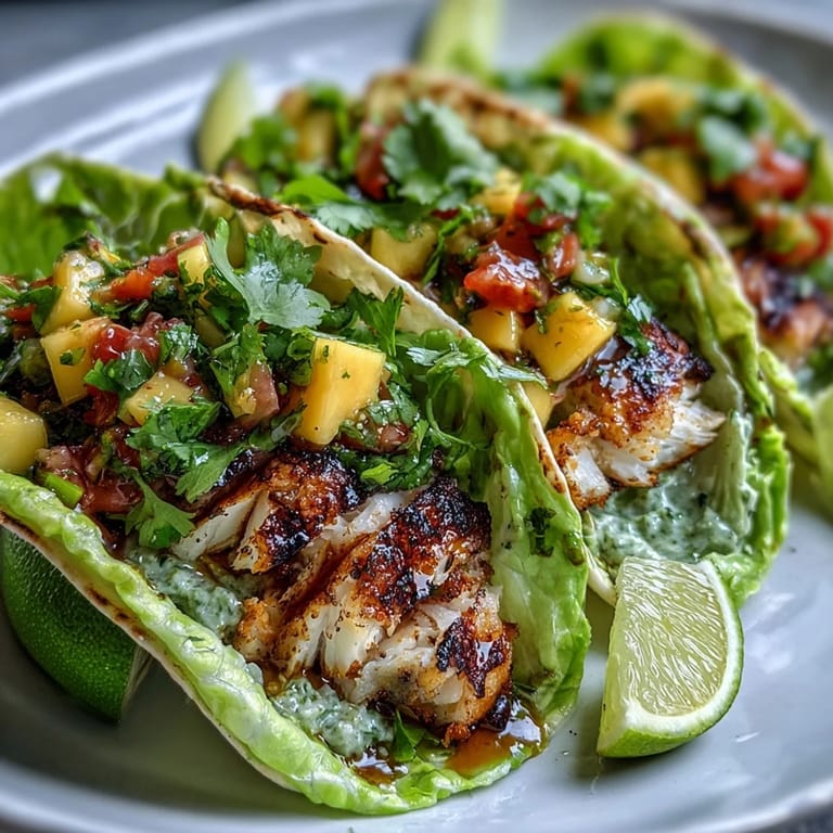 Colorful mango salsa adds a sweet and tangy kick to grilled fish tacos wrapped in fresh, crisp lettuce leaves.