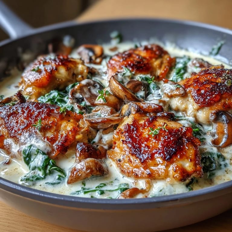 One-pan Keto Creamy Spinach Mushroom Chicken Skillet topped with Parmesan and fresh parsley.
