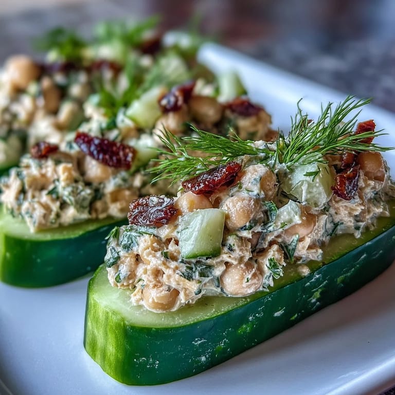 Bright and zesty vegan chickpea salad with crunchy vegetables is served inside cool cucumber halves for a refreshing, plant-based meal.  