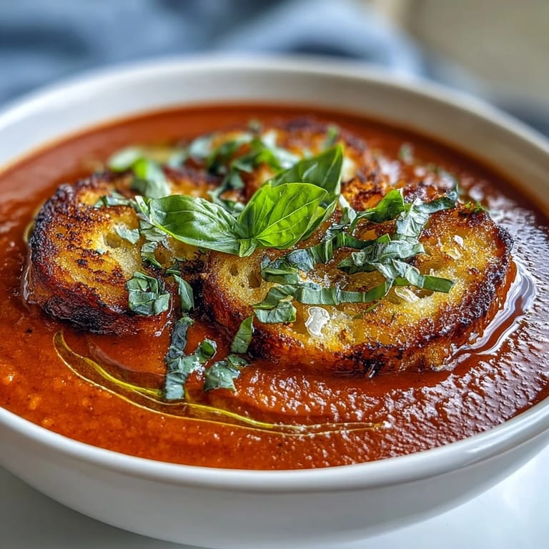 Velvety tomato basil soup made with coconut milk, served alongside golden garlic-rubbed sourdough strips for dipping.  