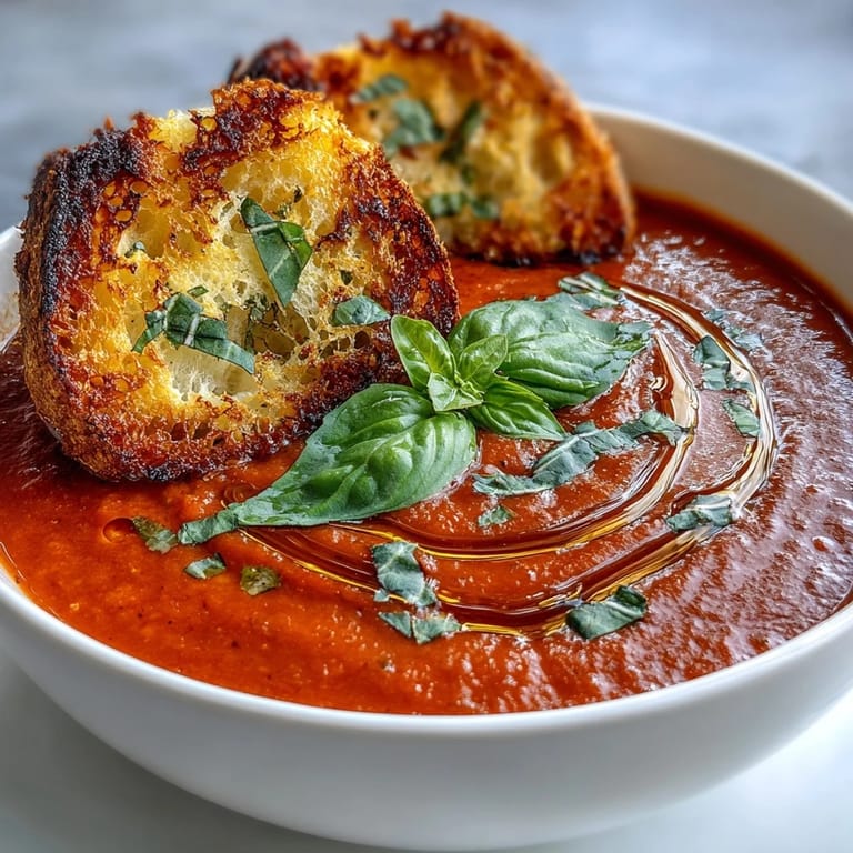 Rich vegan tomato soup with aromatic basil, paired with crispy garlic sourdough dippers for a comforting meal.