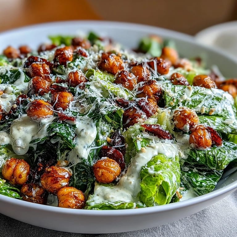 Golden roasted chickpeas add crunch to this vibrant plant-based Caesar salad, tossed in a rich cashew-based dressing for maximum flavor.  