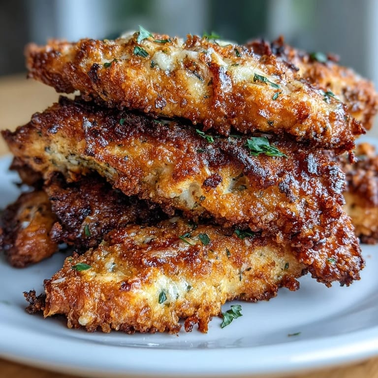 Golden-brown keto chicken tenders with a savory Parmesan crust paired with tangy, fresh cabbage slaw.  