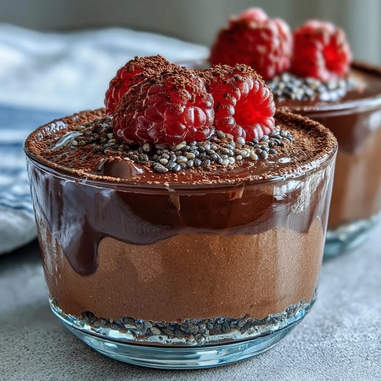Creamy cottage cheese chocolate mousse blended until smooth, served chilled in small cups with a topping of dark chocolate chips and fresh berries.
