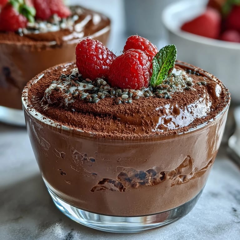Velvety high-protein chocolate mousse made with cottage cheese, sweetened with honey, and garnished with chopped dark chocolate for a guilt-free treat.  