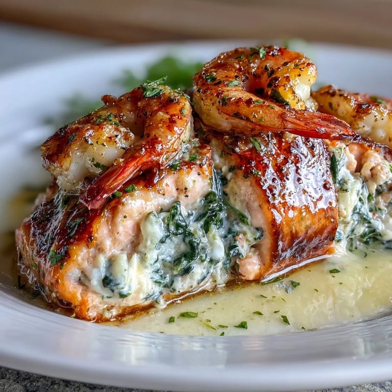 Oven-baked salmon fillets generously filled with lump crab, shrimp, and spinach, finished with paprika-spiced shrimp and melted butter.