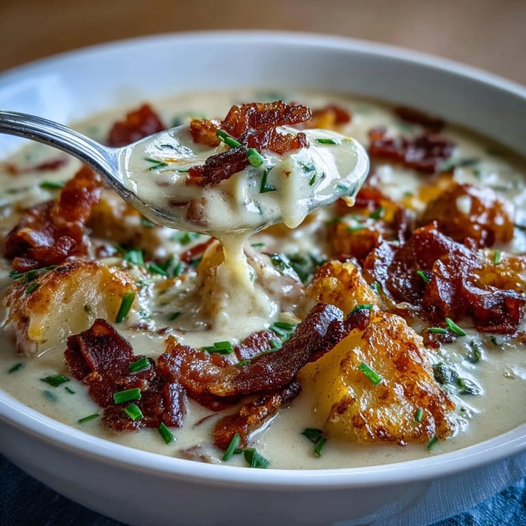 Rich and velvety potato soup with tender chunks, sour cream, and a garnish of sharp cheddar and bacon bits.  